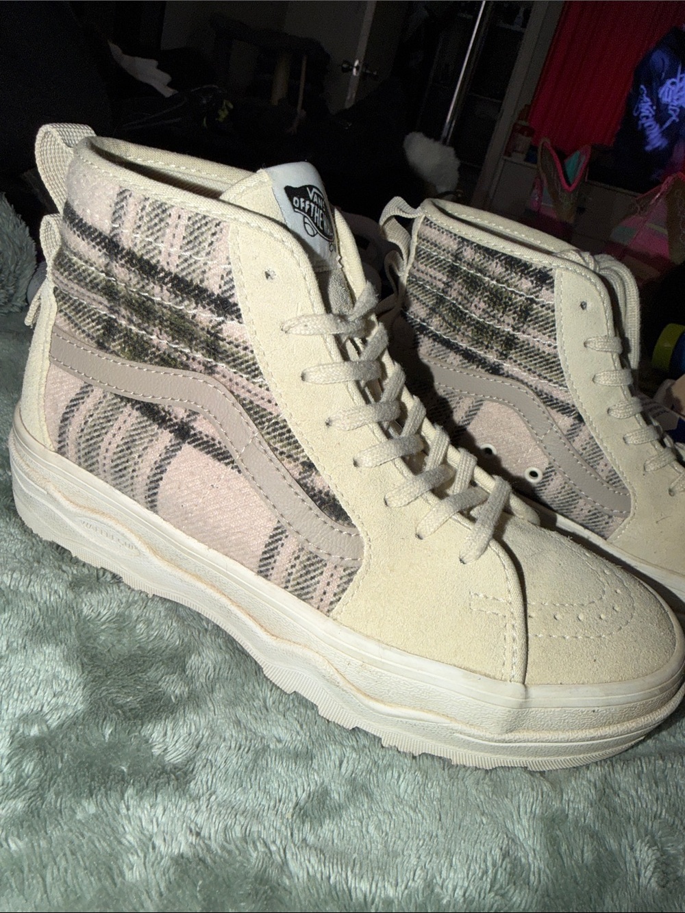 Vans Women's High-Top Lace-Up Boots in Pale Pink and Cream Plaid
